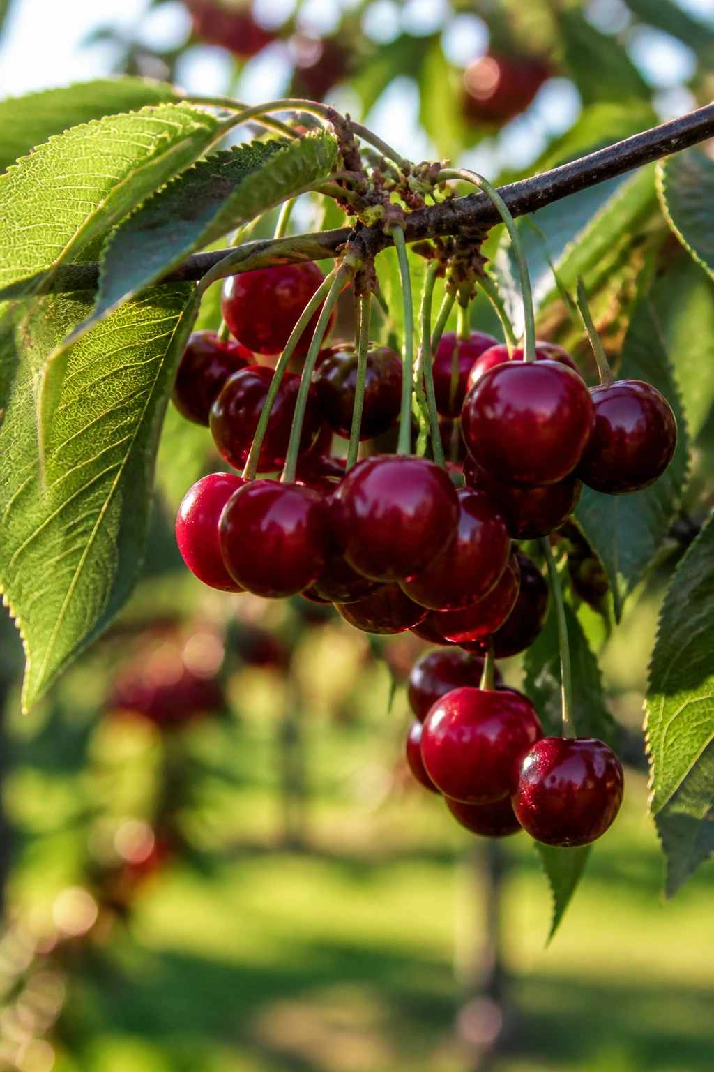 Close-up of cherries on a cherry tree branch in a sunlit orchard (Prunus avium/Prunus cerasus).
