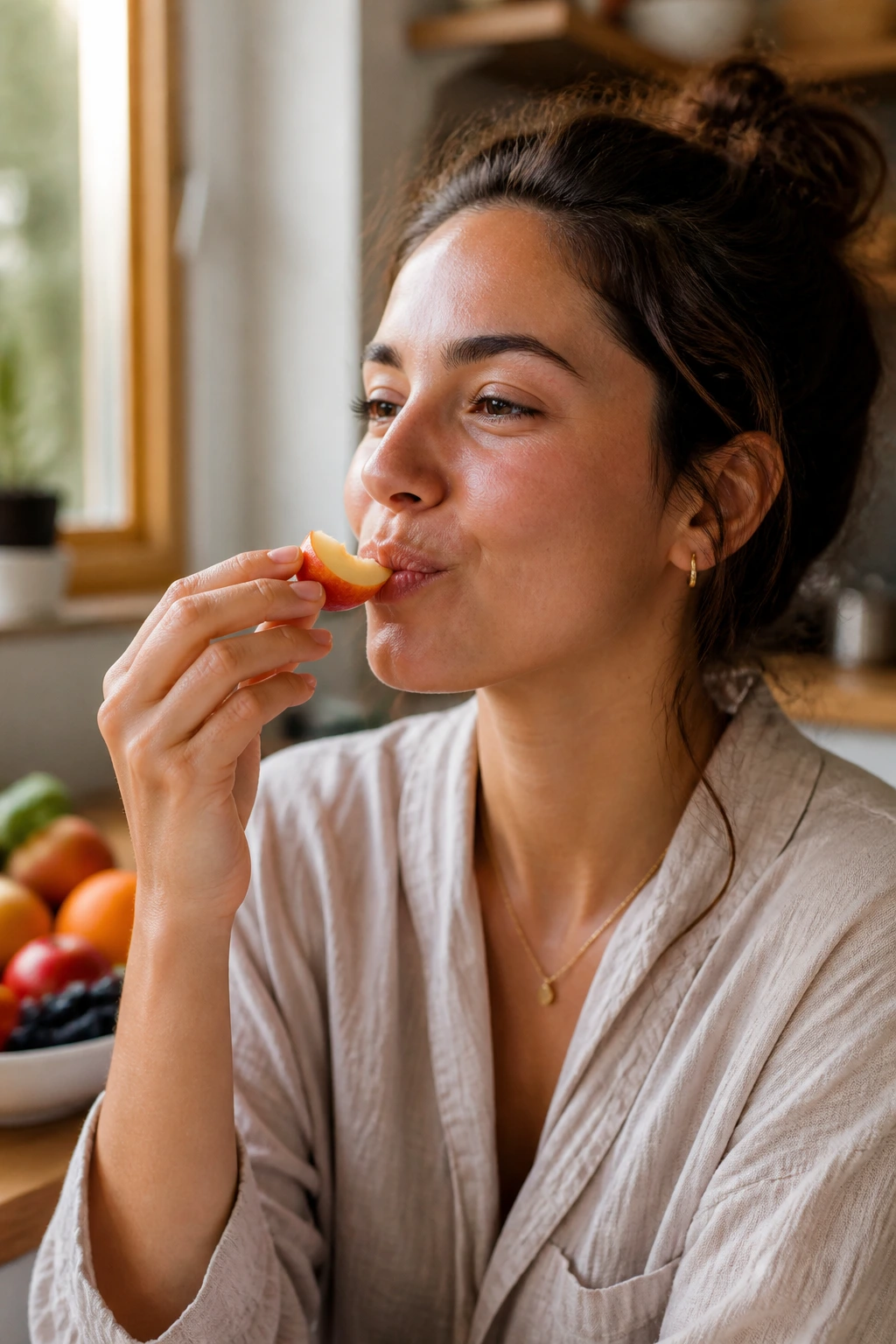 How Long Does Fruit Take To Digest? 4 Portrait of person chewing fruit mindfully