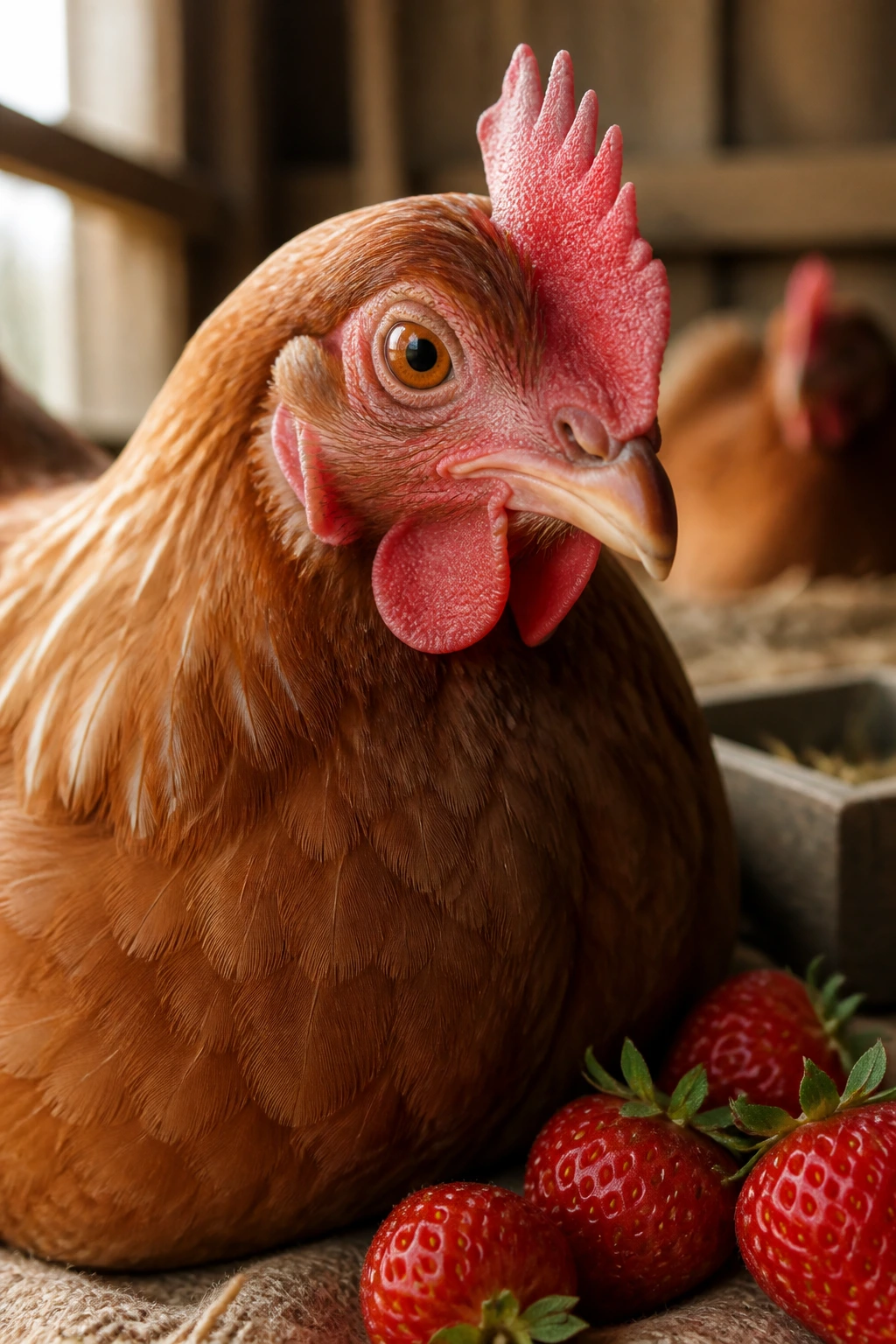 Close-up of a chicken head in a coop