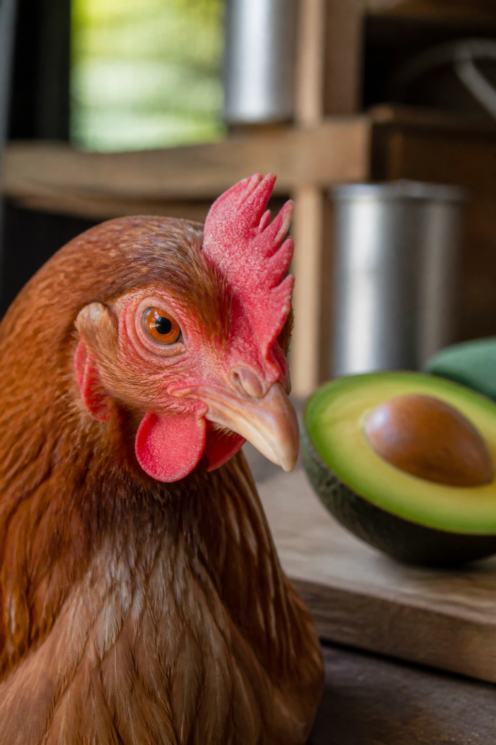 Can Chickens Eat Avocado? All You Need To Know 3 Chicken head with avocado slice in background