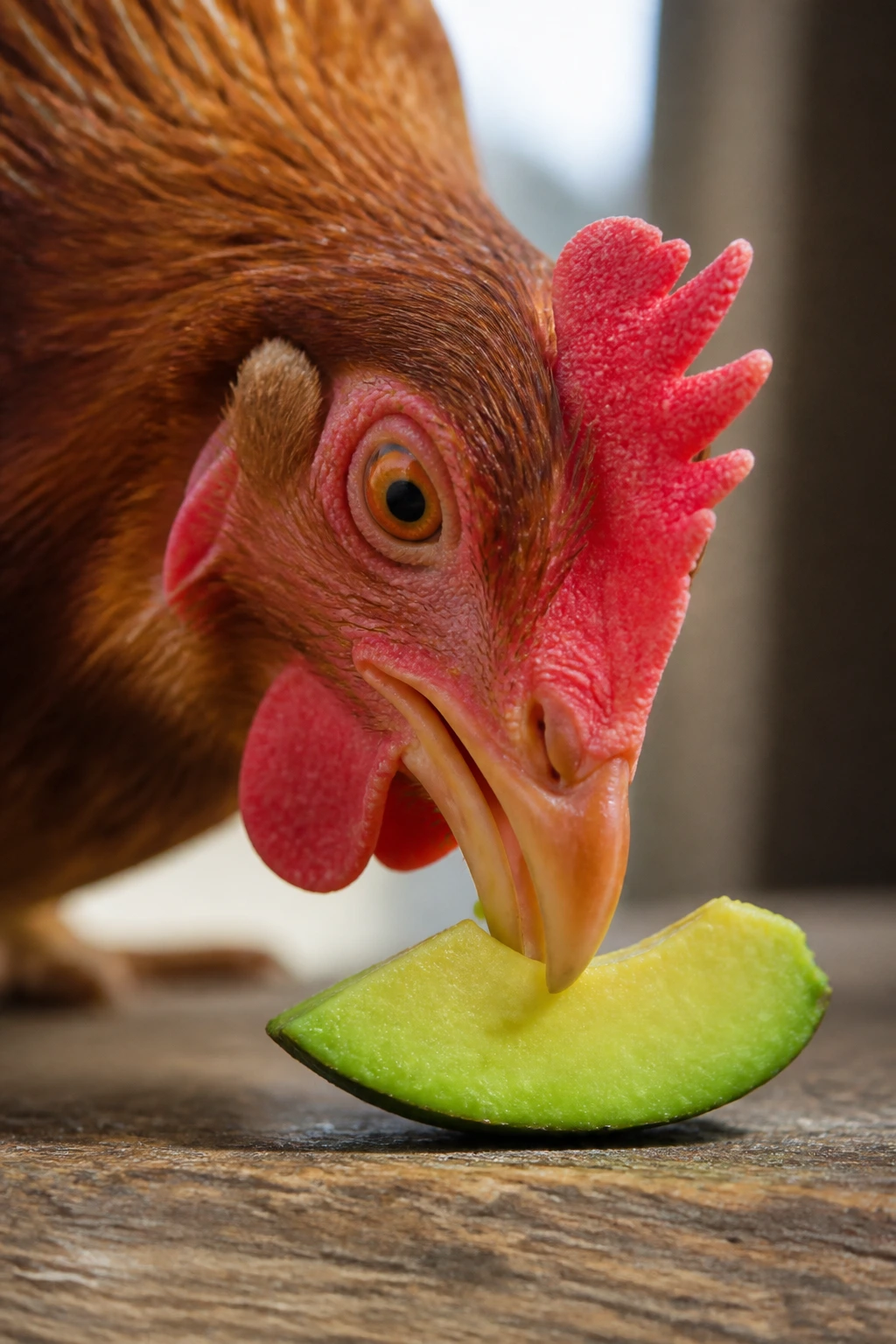 Can Chickens Eat Avocado? All You Need To Know 1 Close-up of a chicken near a slice of avocado flesh on a wooden surface