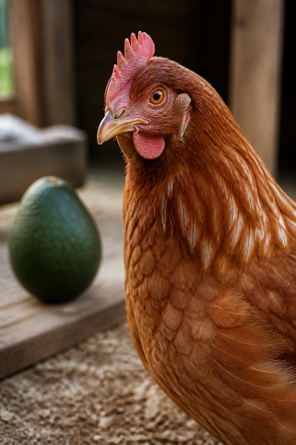 Can Chickens Eat Avocado? All You Need To Know 2 Chicken looking wary with avocado in background