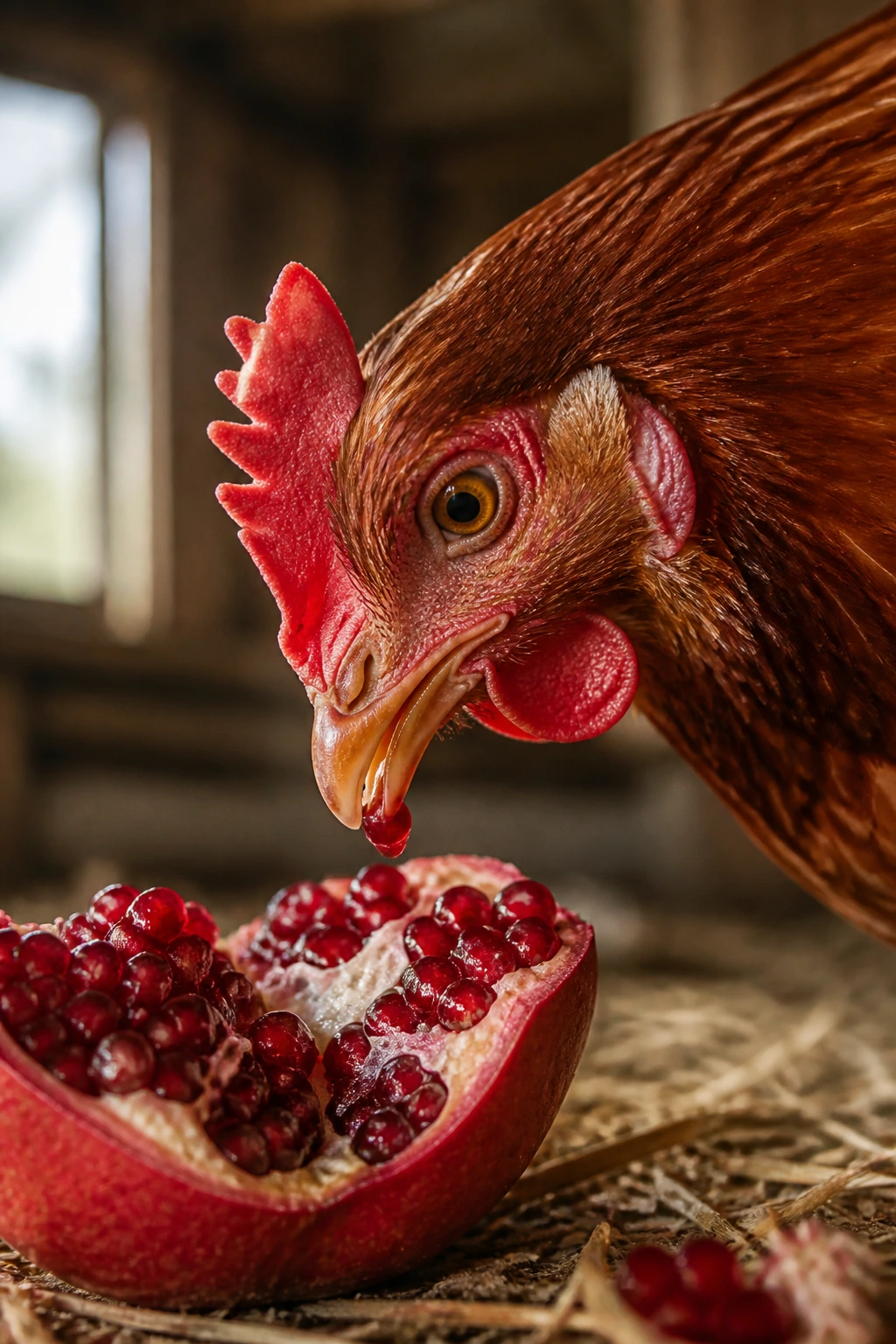 Can Chickens Eat Pomegranates Safely? Benefits and Risks 3 Close-up of a chicken in a cozy coop