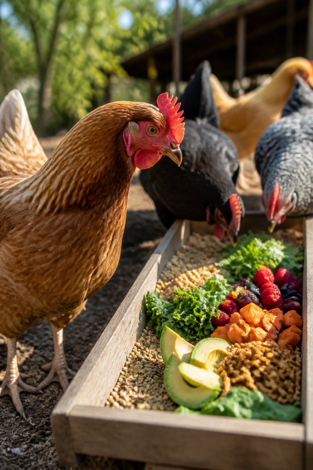 Can Chickens Eat Avocado? All You Need To Know 4 Chicken near grain-filled trough in sunny farmyard