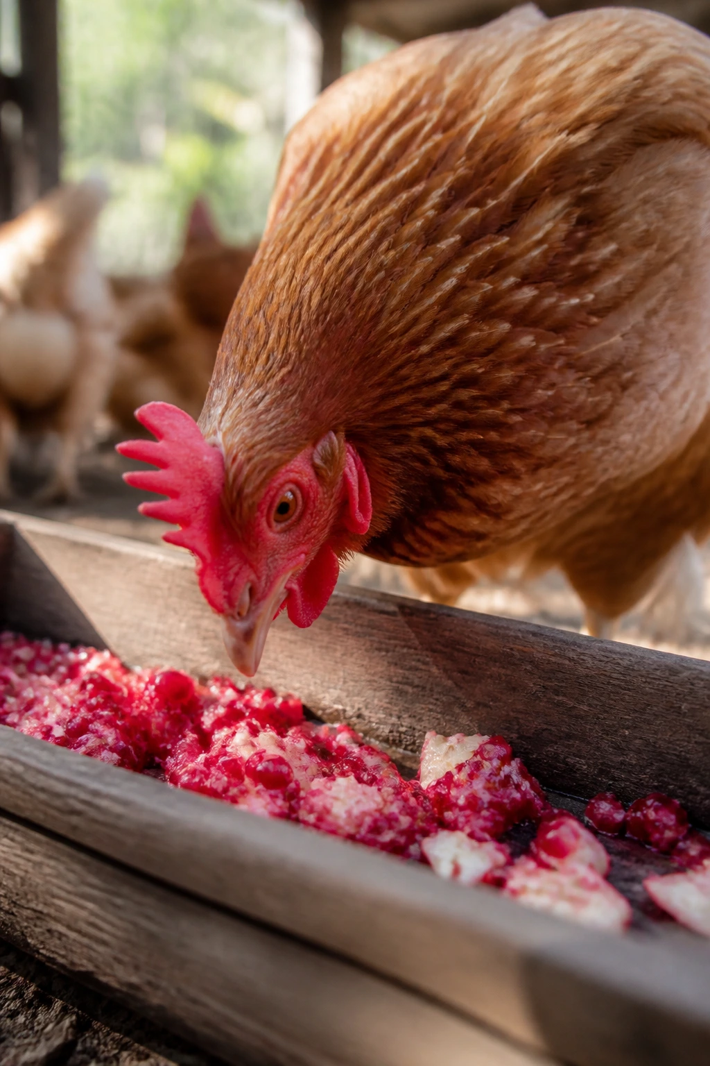 Can Chickens Eat Pomegranates Safely? Benefits and Risks 4 Chicken at feeding trough with chopped pomegranate pieces