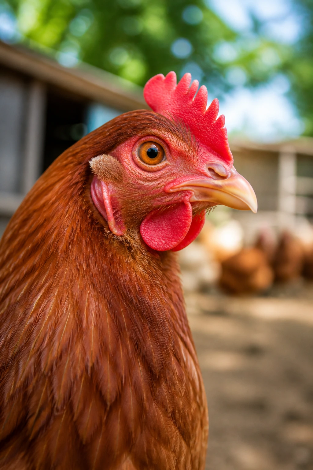 Close-up portrait of a real chicken in a farm setting