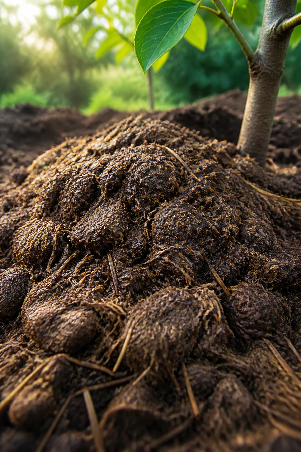 Is Chicken Manure Good For Fruit Trees Or Not? 1 Close-up of textured chicken poop compost on soil beside a fruit tree in a sunlit garden