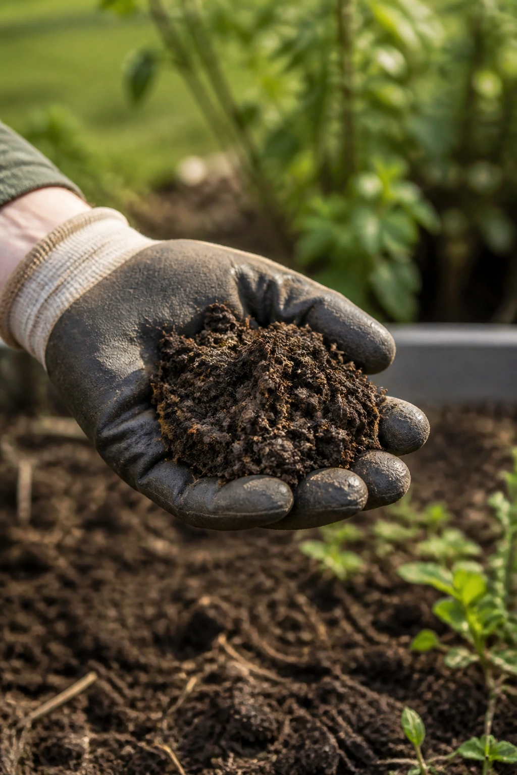 Is Chicken Manure Good For Fruit Trees Or Not? 5 Gloved hand holding composted chicken manure over garden bed
