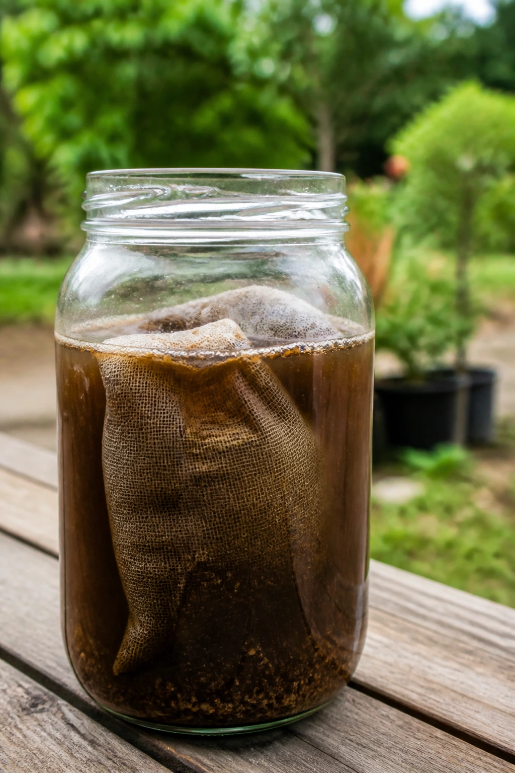 Is Chicken Manure Good For Fruit Trees Or Not? 4 Glass jar with dark brown liquid for chicken manure tea in a garden setting