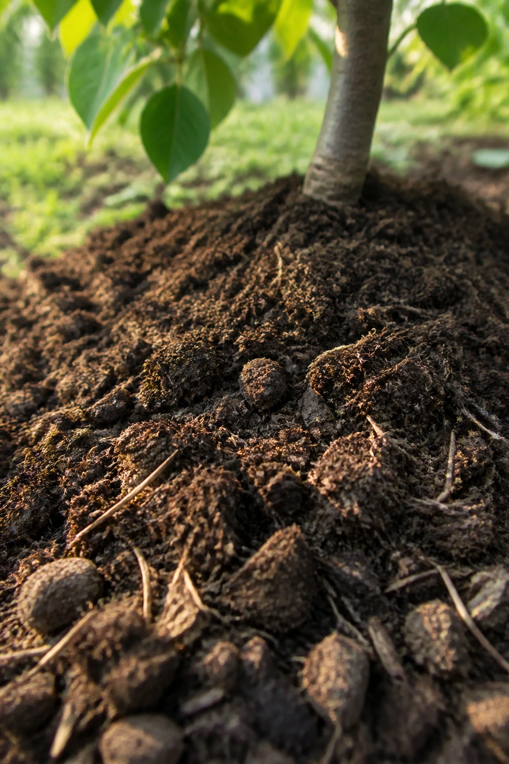 Is Chicken Manure Good For Fruit Trees Or Not? 3 Close-up of composted chicken manure around the base of a fruit tree in a garden
