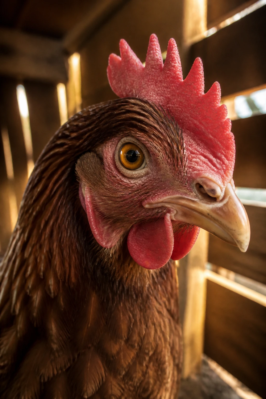 Can Chickens Eat Dragon Fruit? A Nutritional Analysis 8 Close-up portrait of a chicken's head in a rustic coop with warm natural light