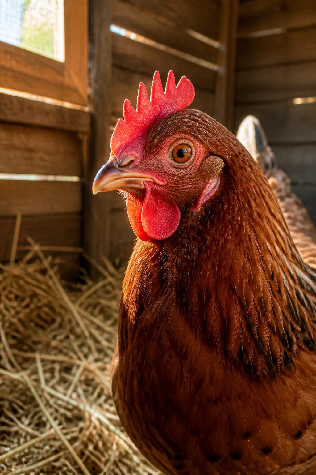 Can Chickens Eat Pomegranates Safely? Benefits and Risks 1 Close-up of a real chicken in a rustic coop