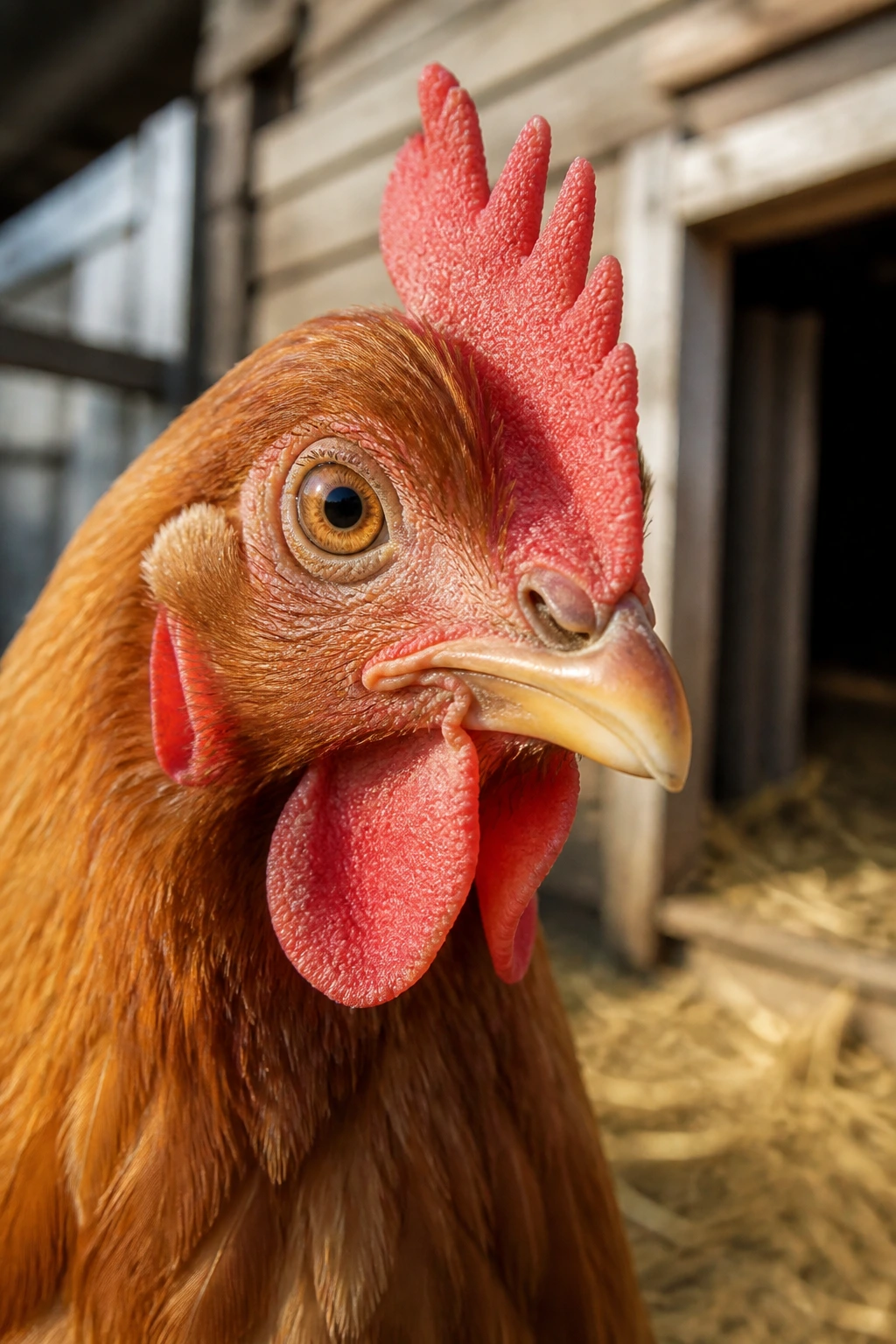 Close-up of a chicken's head in a sunlit farmyard.