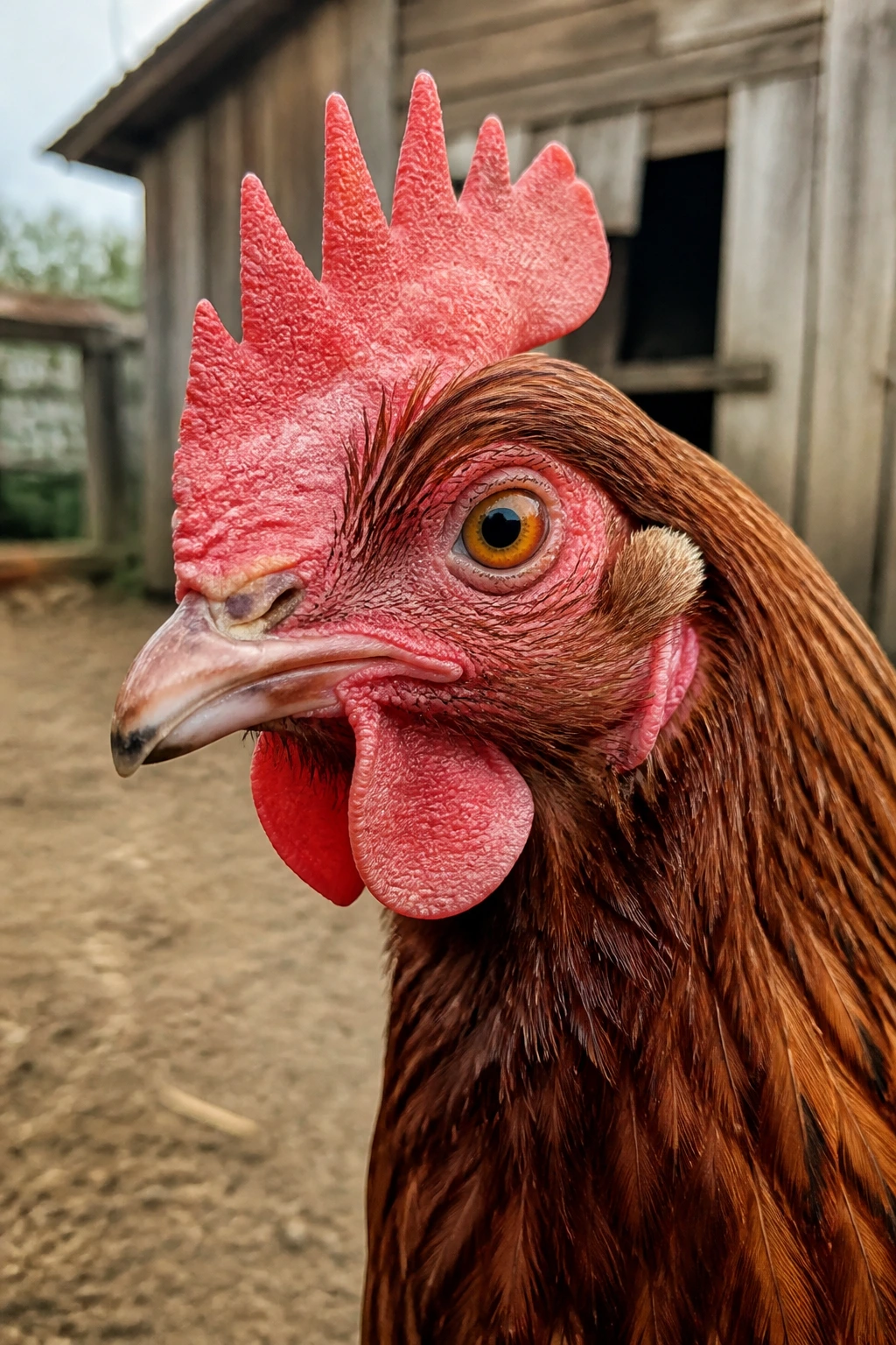 Can Chickens Eat Peanuts Or Any Peanut By-Products? 1 Close-up of a chicken's head in a farmyard setting