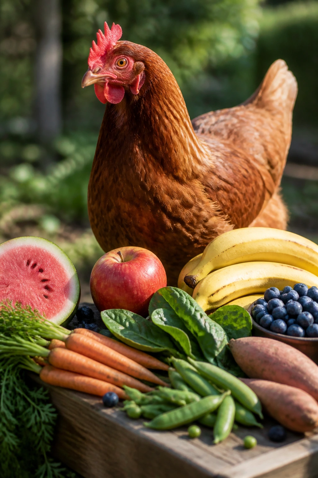 Close-up of a chicken in a sunlit garden