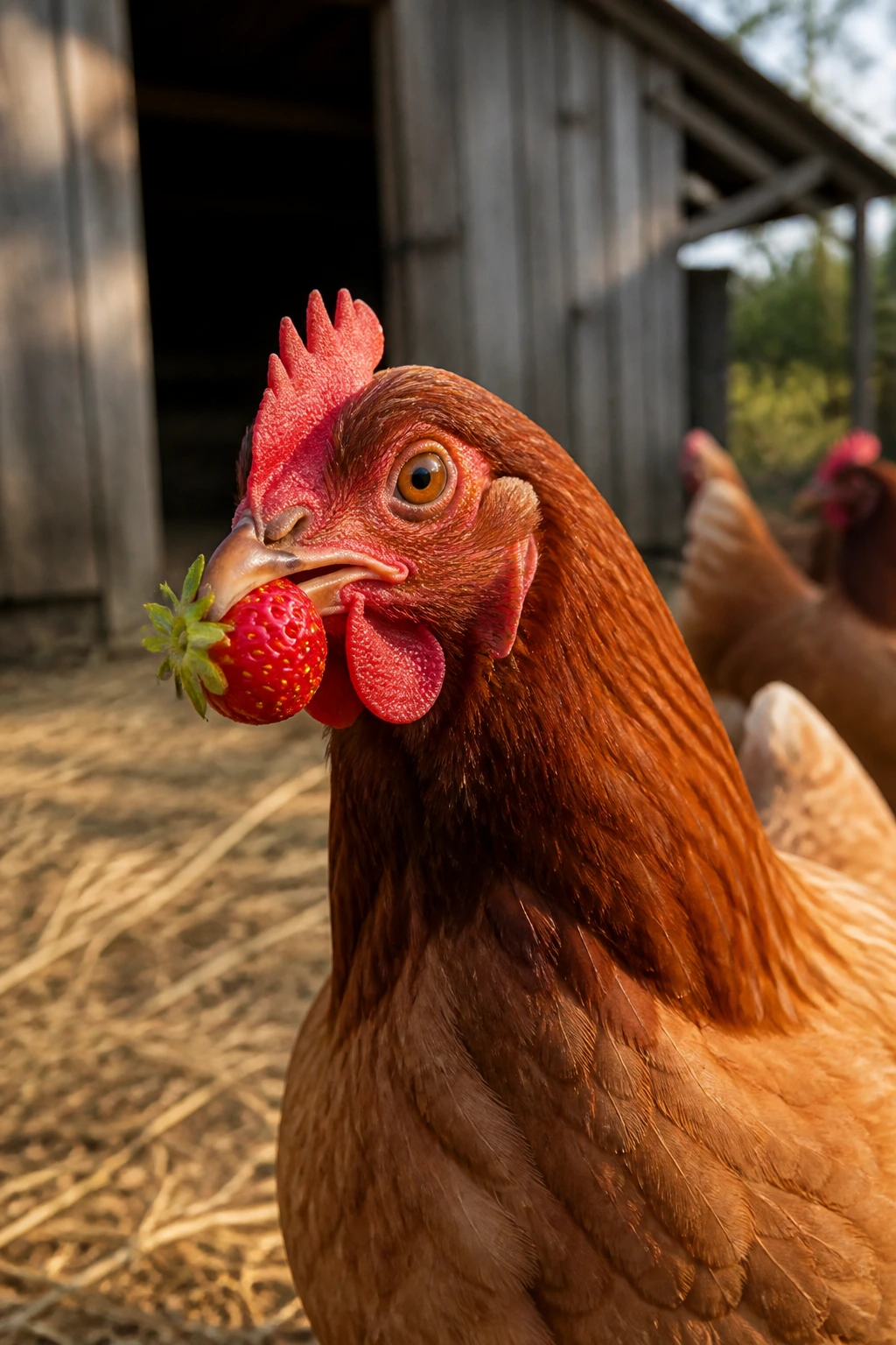 Close-up of a real chicken with a strawberry in its beak in a sunny coop
