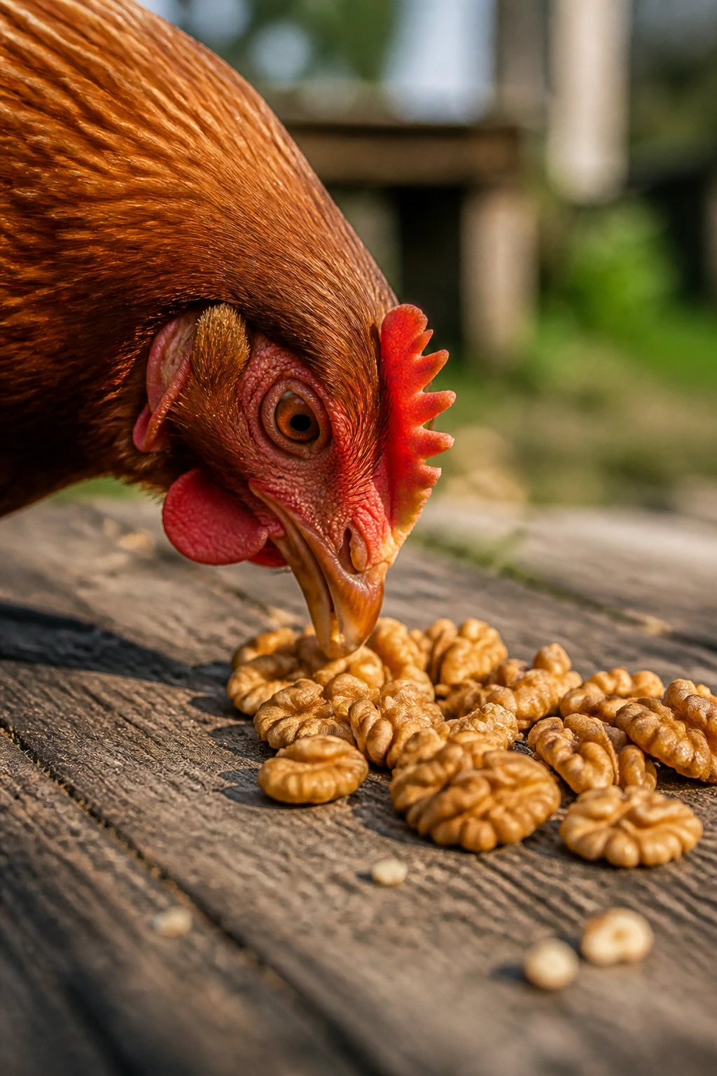 Close-up of a chicken pecking walnut halves in an outdoor rustic setting