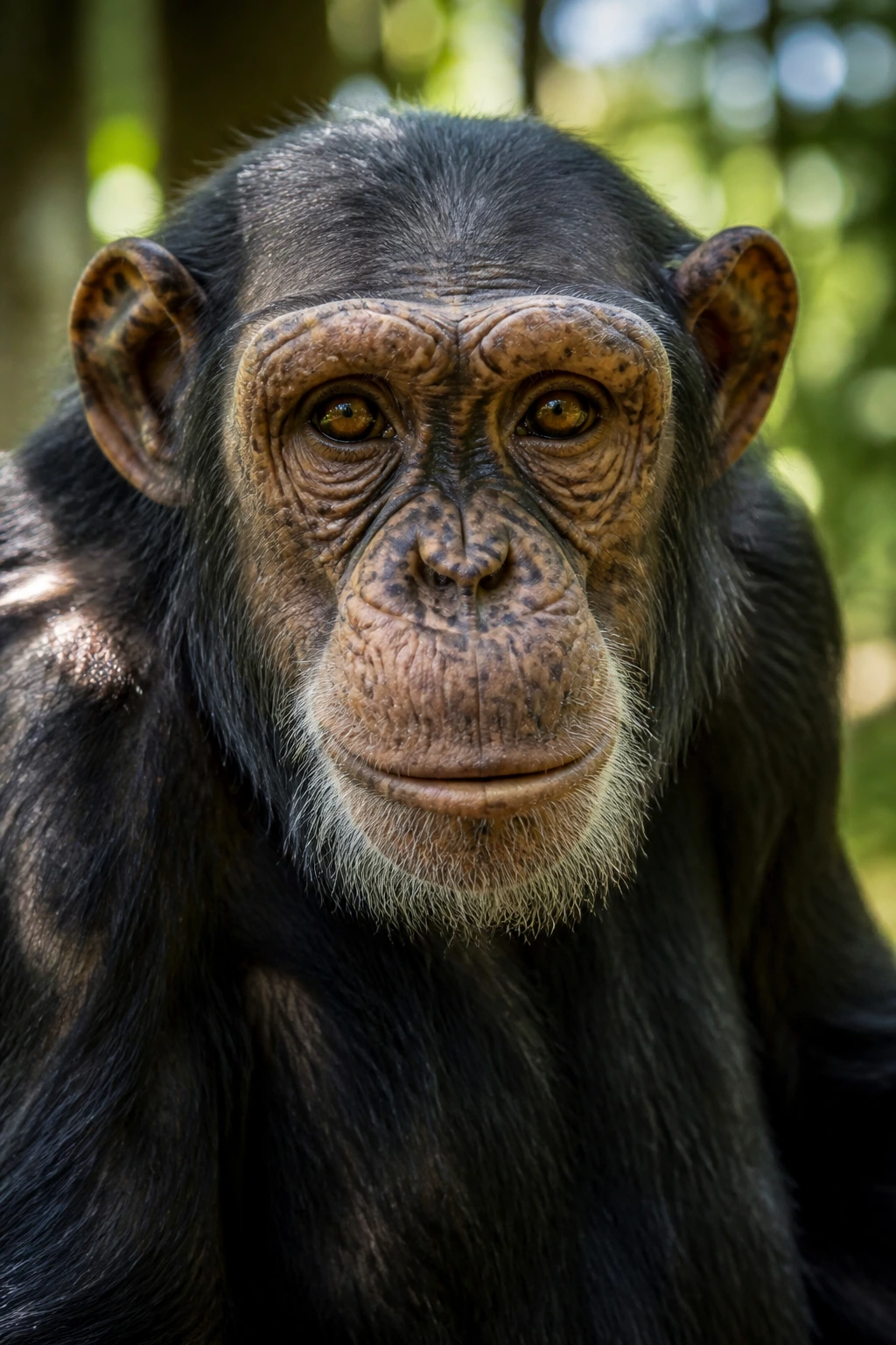 Close-up chimpanzee portrait illustrating evolution and DNA similarity to humans