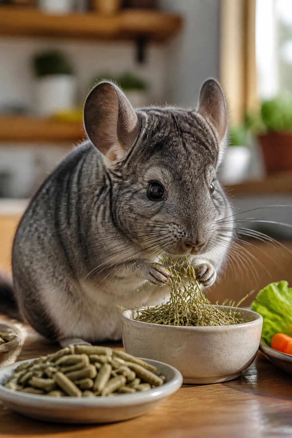 Can Chinchillas Eat Strawberries? All You Need To Know 1 Close-up of a chinchilla eating hay and pellets, illustrating chinchilla diet essentials.