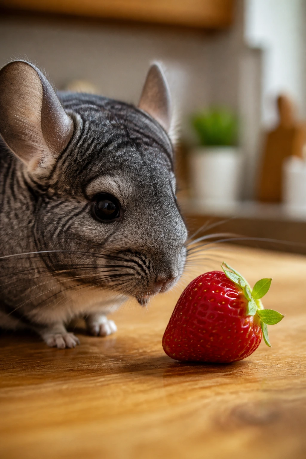 Can Chinchillas Eat Strawberries? All You Need To Know 2 Chinchilla inspecting a fresh strawberry, illustrating strawberry treats for chinchillas.
