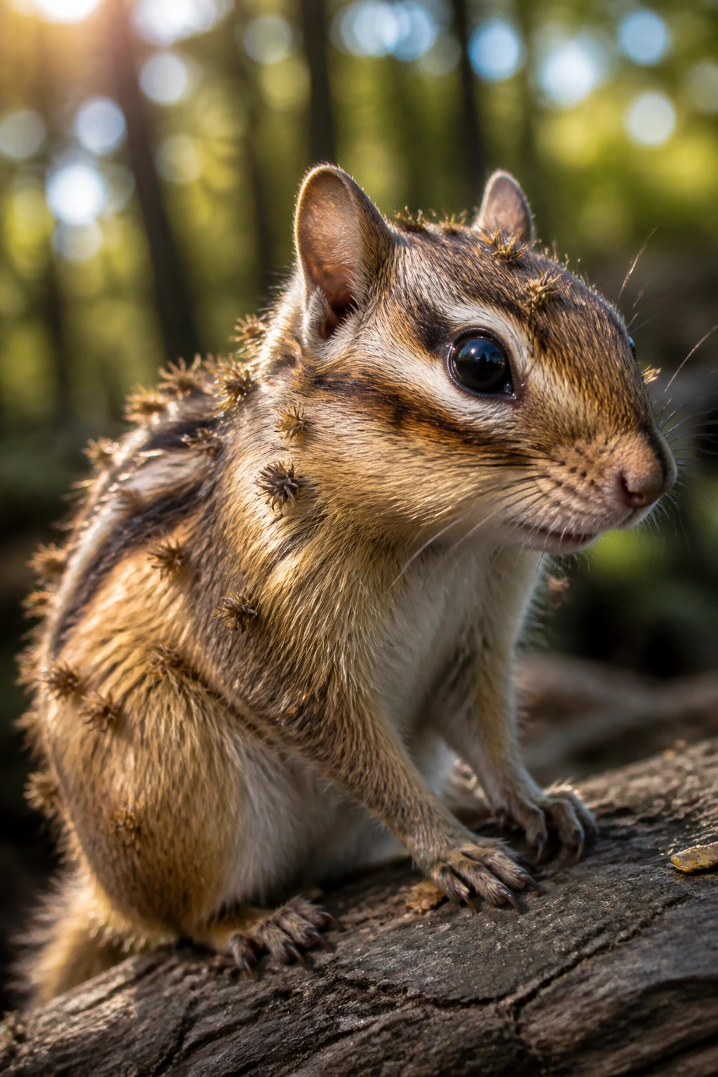 The Dispersal Of Fruits Seeds EXPLAINED! 3 Chipmunk with seeds attached to its fur in a forest setting.