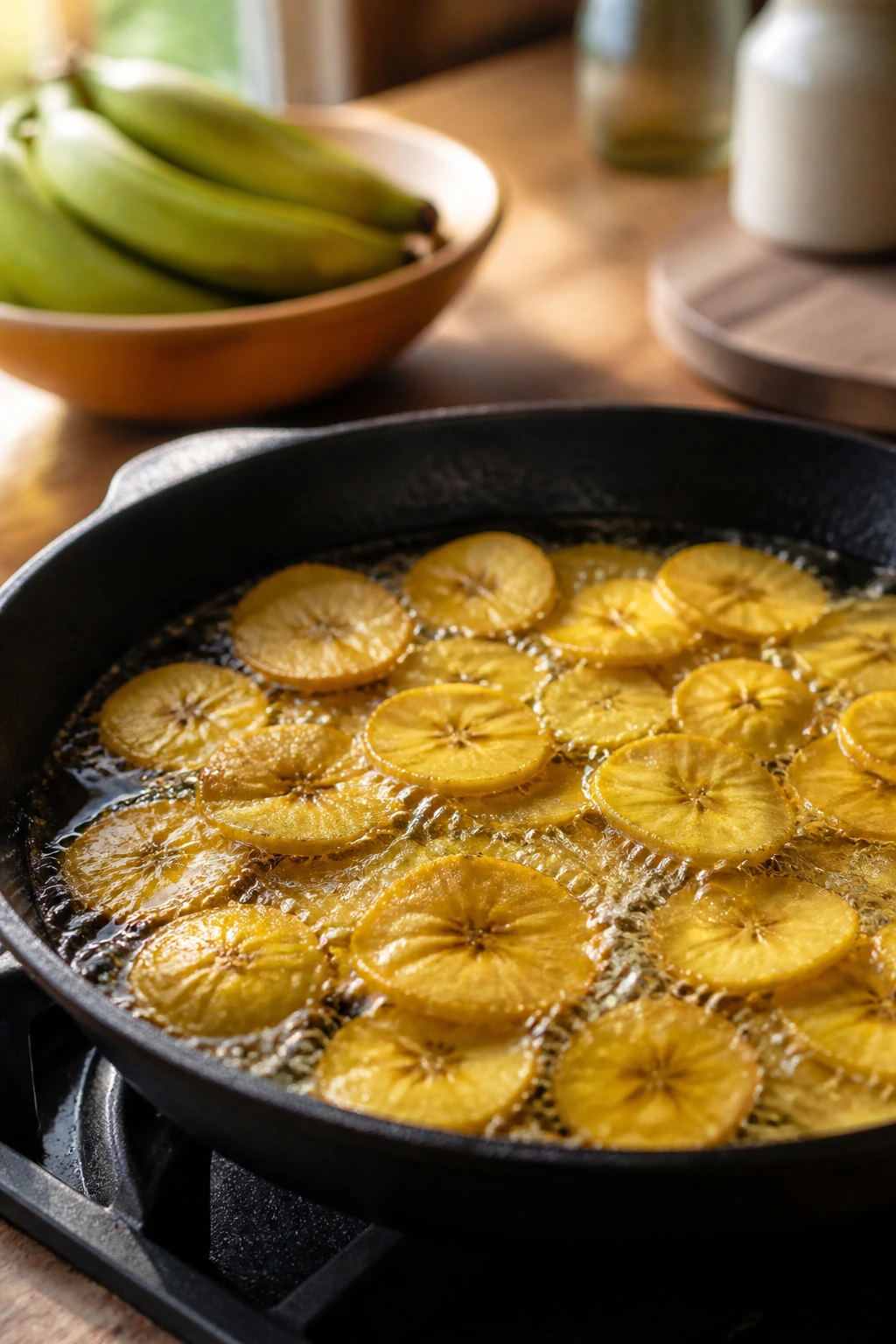 Plantain Chips Vs Potato Chips: Which is Better? 8 Close-up of plantain chips frying in a pan