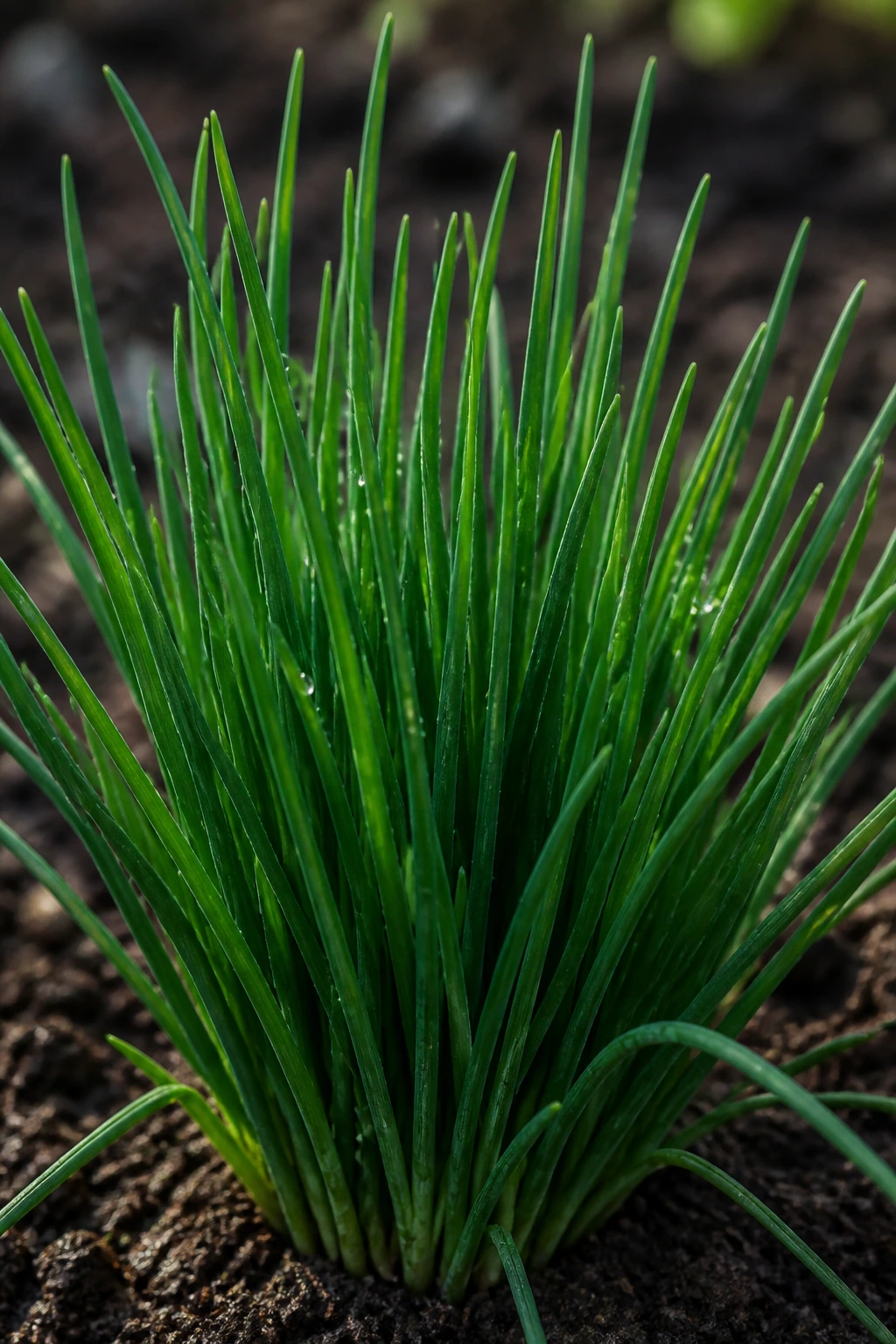Close-up of chives in a garden bed with dew