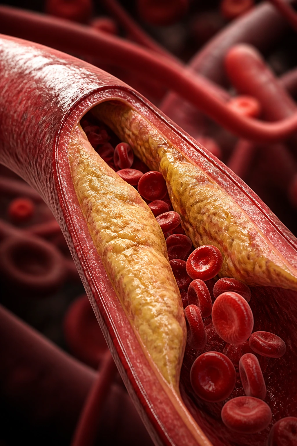 Do Pears Lower Cholesterol? Let's Find Out 2 Cholesterol plaque in artery cross-section highlighting cardiovascular context
