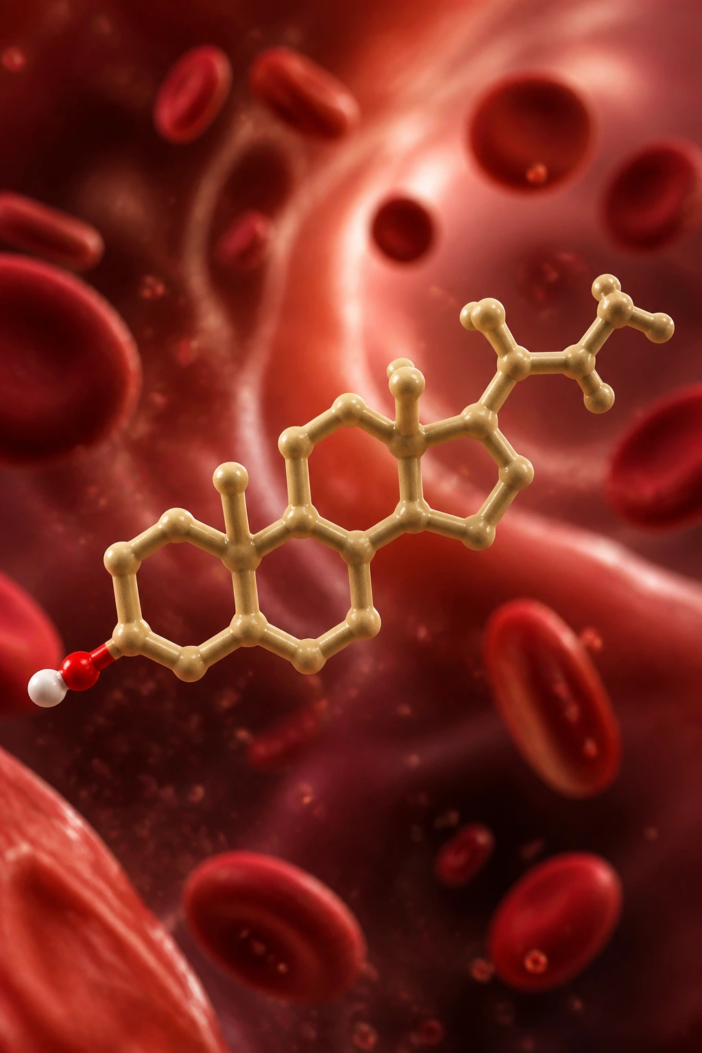Close-up 3D render of cholesterol molecule in bloodstream