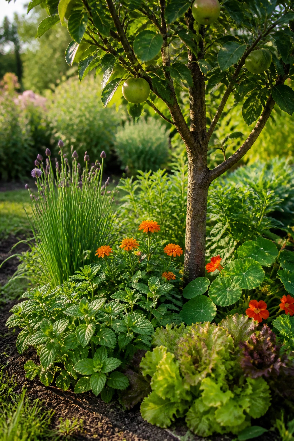 Fruit tree surrounded by carefully chosen companion plants in a sunny garden bed