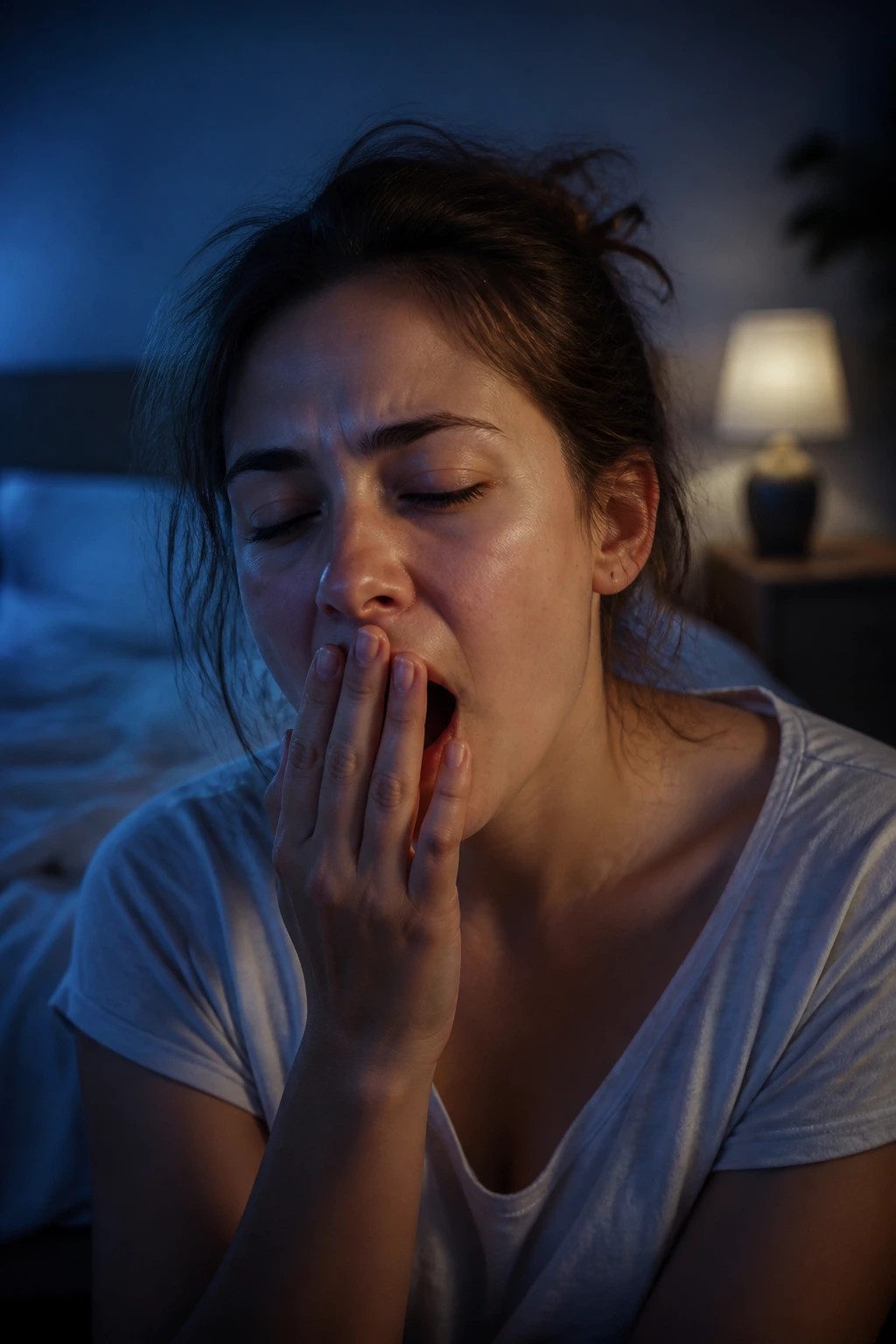 10 Surprising Disadvantages Of Eating Fruits At Night 10 Real person yawning in a dim bedroom, signaling disrupted circadian rhythm