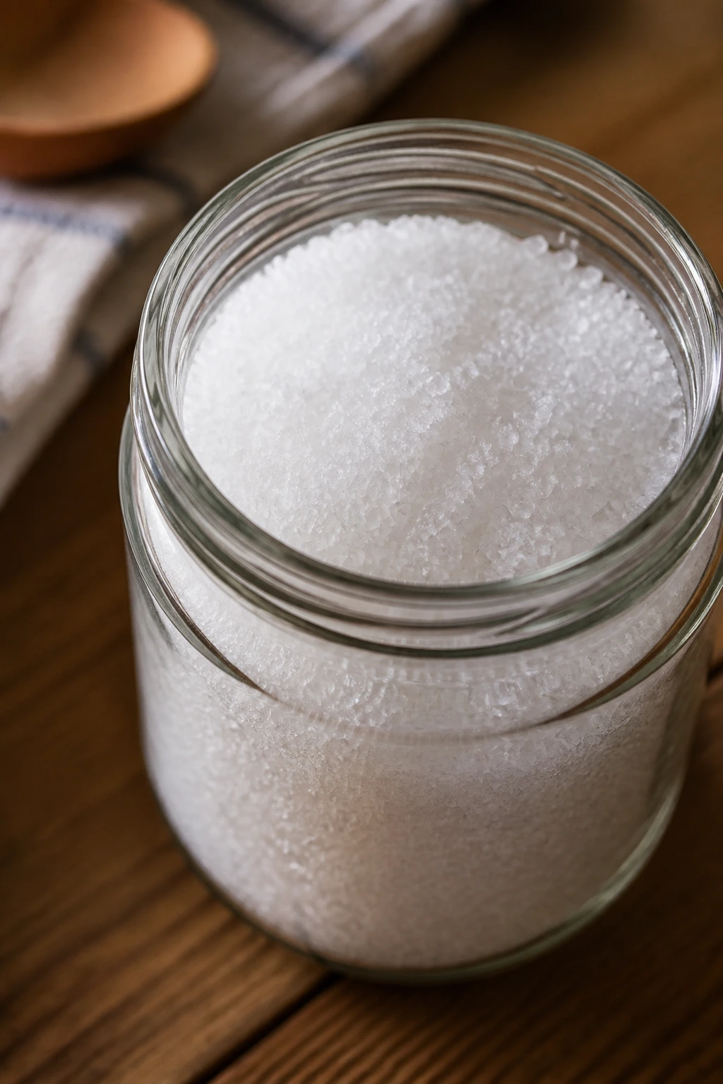 Citric acid crystals in a jar on a wooden counter