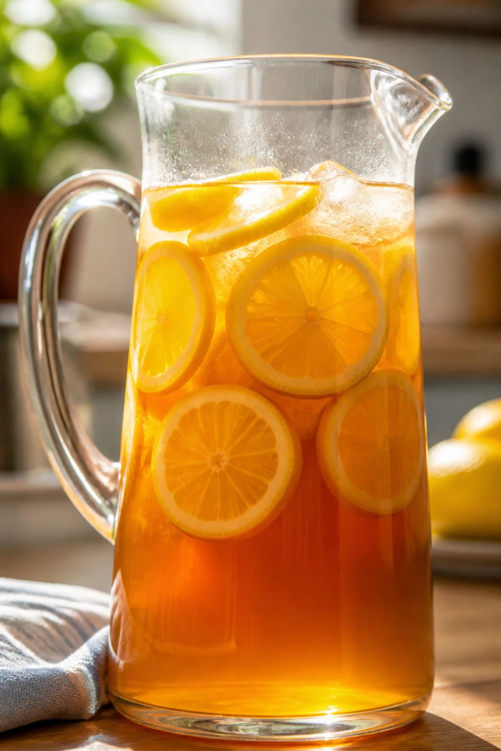 Caffeine Concerns: Does Fruit Tea Have Caffeine? 9 Glass pitcher of citrus-infused fruit tea with lemon slices on a sunny table