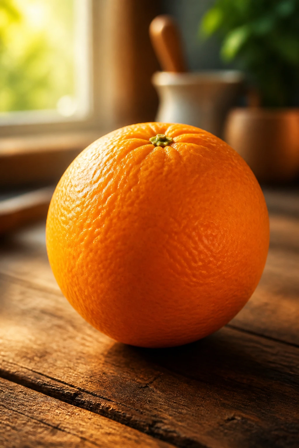 Close-up of a bright orange citrus fruit filling the frame in a warm kitchen setting