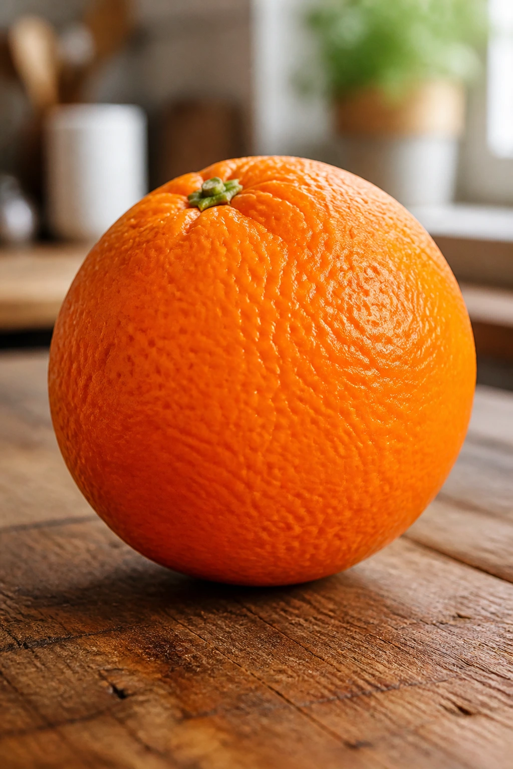 Close-up of a single orange highlighting citrus texture in a warm kitchen