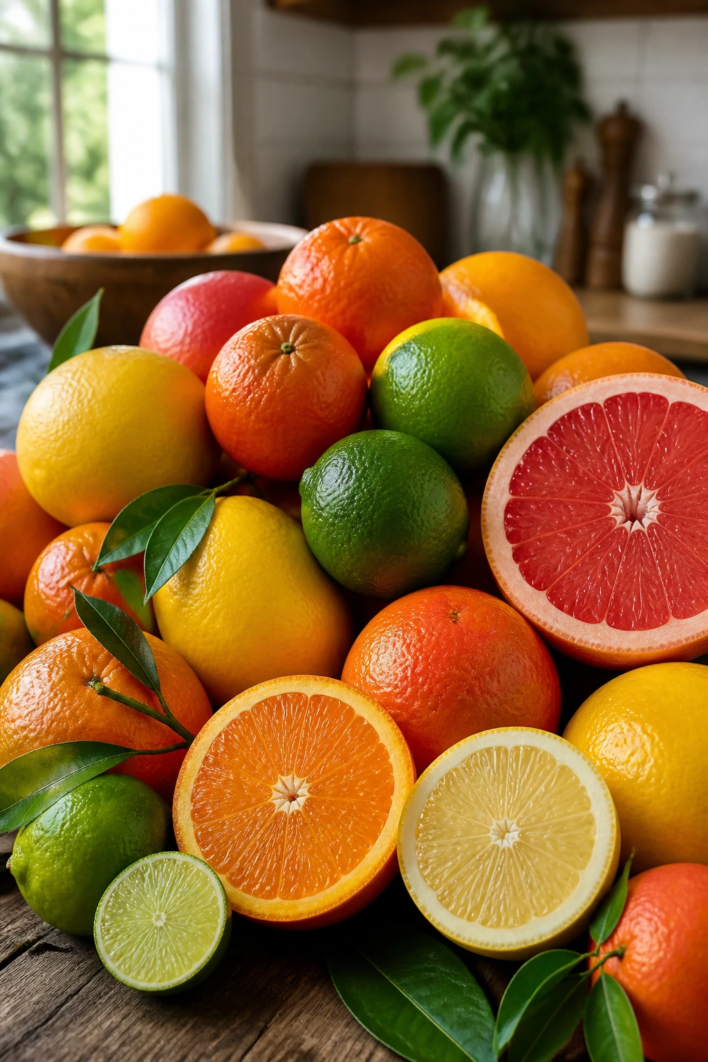 The Top 10 Evidence-Based Health Benefits of Citrus Fruits 16 Close-up of assorted citrus fruits filling a rustic wooden kitchen counter