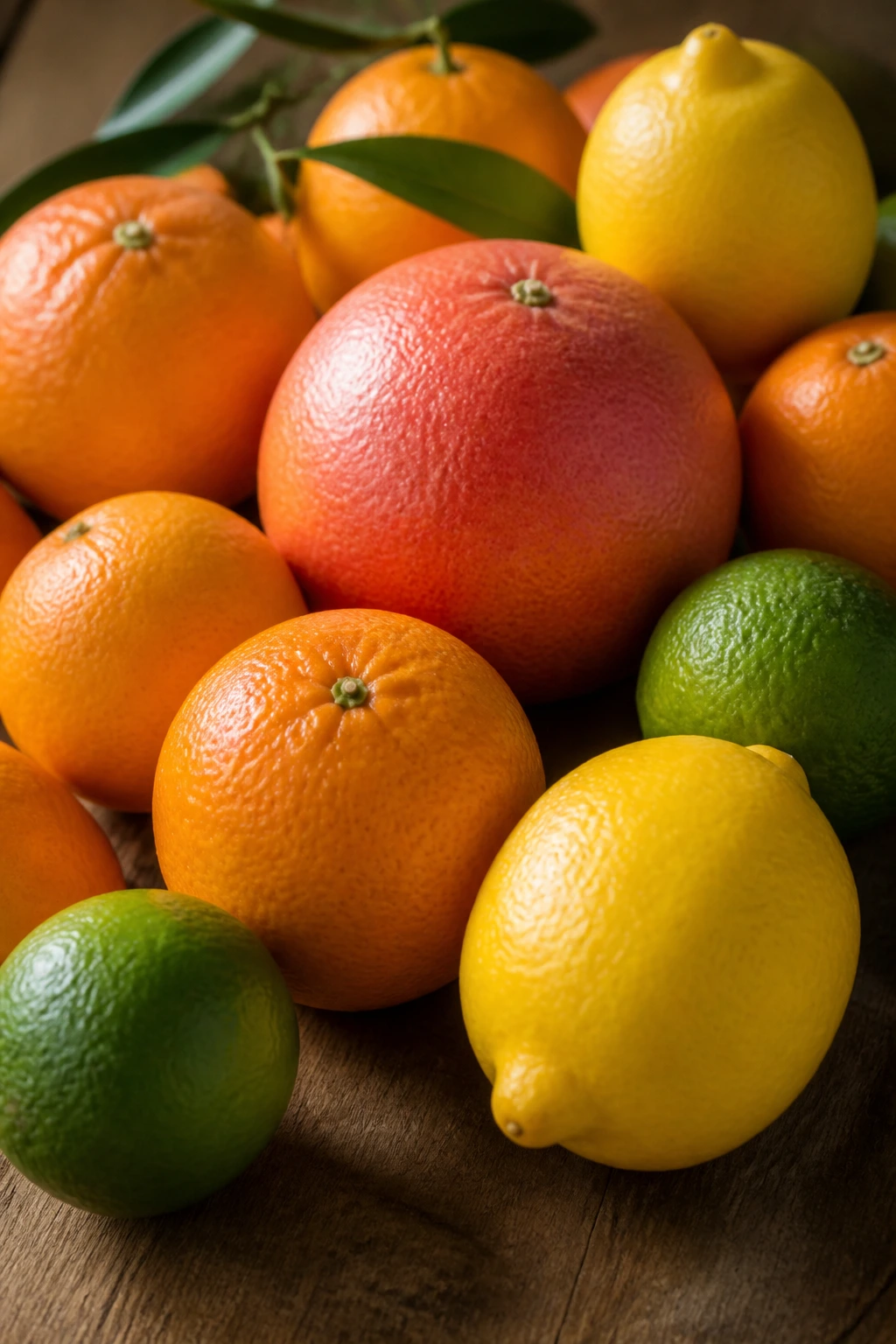 Close-up of mixed citrus fruits filling frame with warm light