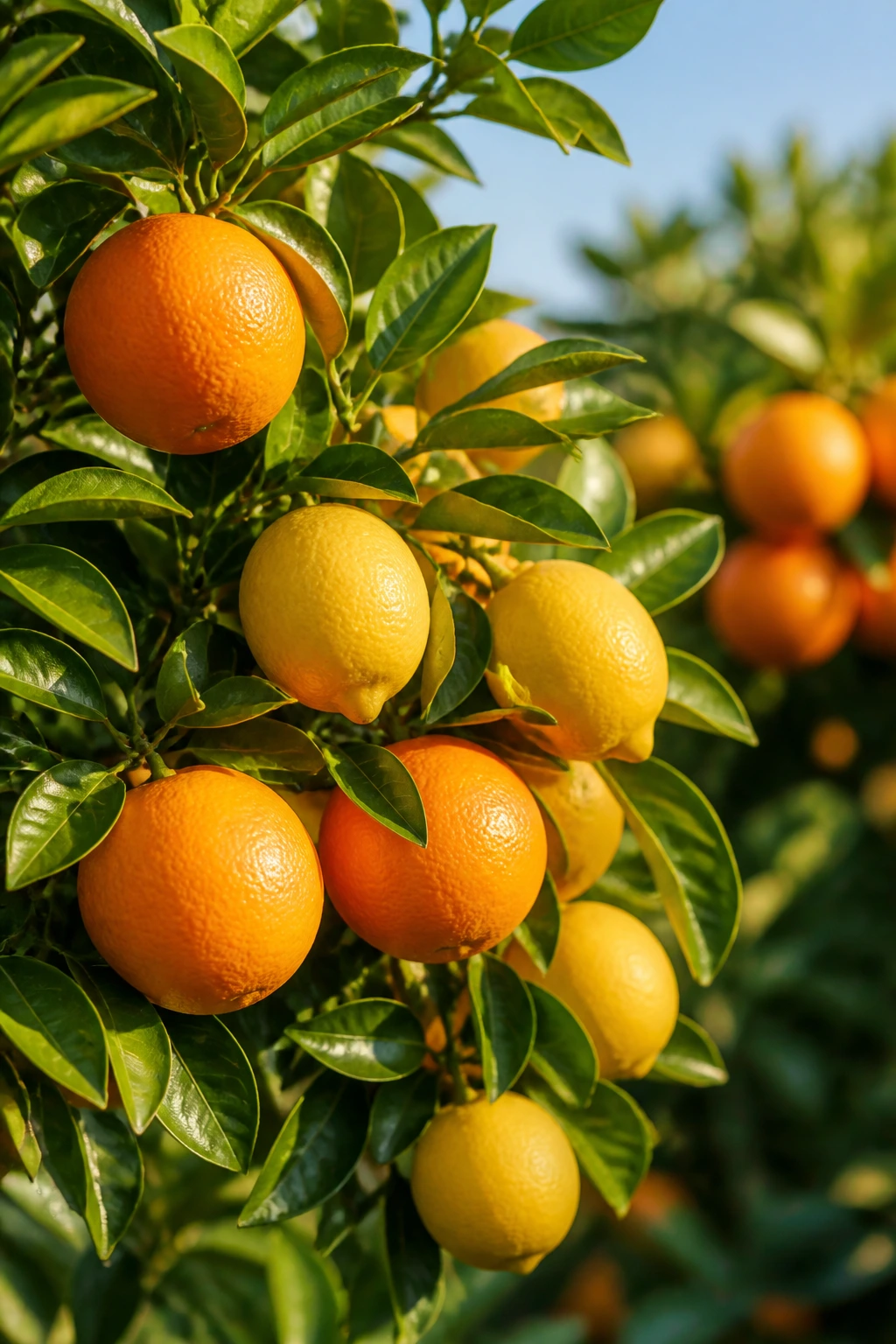 Close-up of a citrus tree branch heavy with oranges and lemons in a sunlit Zone 9 garden
