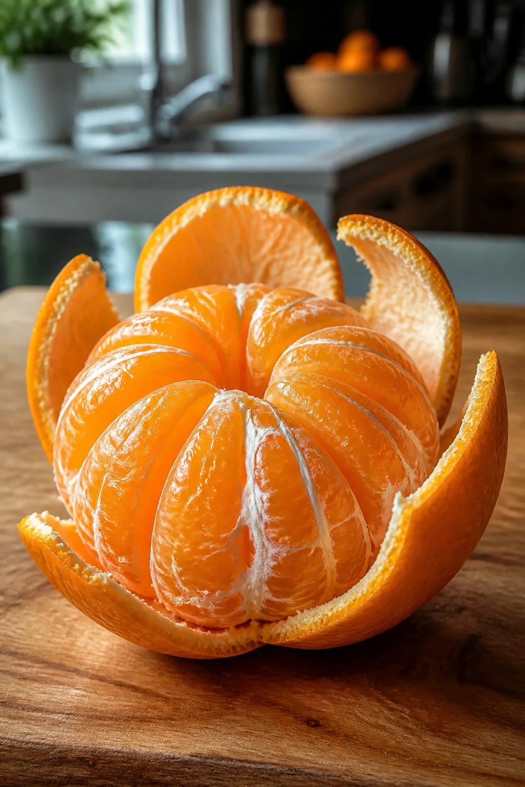 Peeled orange showing wedge segments and juicy interior
