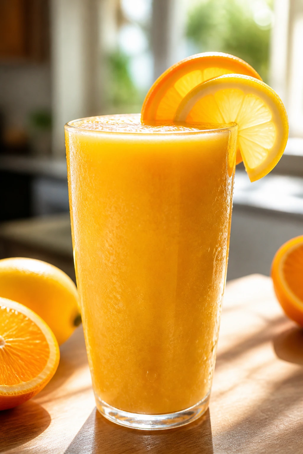 Close-up of Citrus Splash Smoothie in a glass on a sunlit kitchen counter.