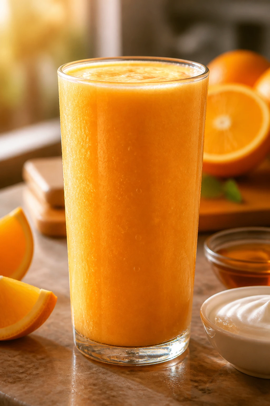 Citrus Support: Are Oranges Good For Diverticulitis? 5 Tall glass of bright orange citrus smoothie on a kitchen counter