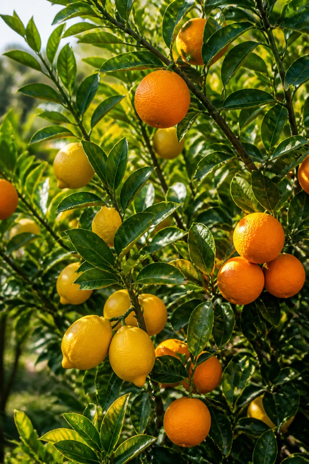 Citrus tree with bright oranges and lemons in a sunny garden