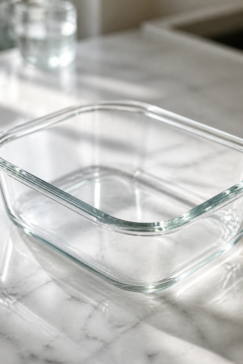 Clean glass storage container on kitchen counter