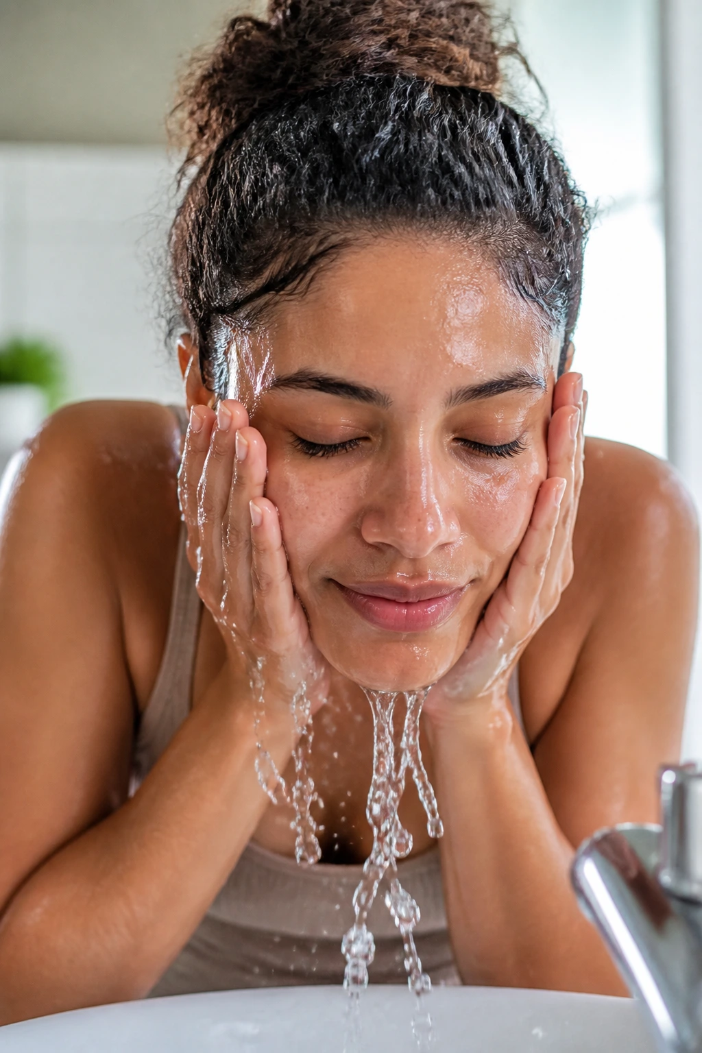 Close-up of a real person cleansing their face at a sink in a bright bathroom