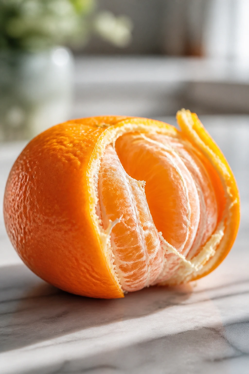 Close-up of a peeled Clementine orange showing segments
