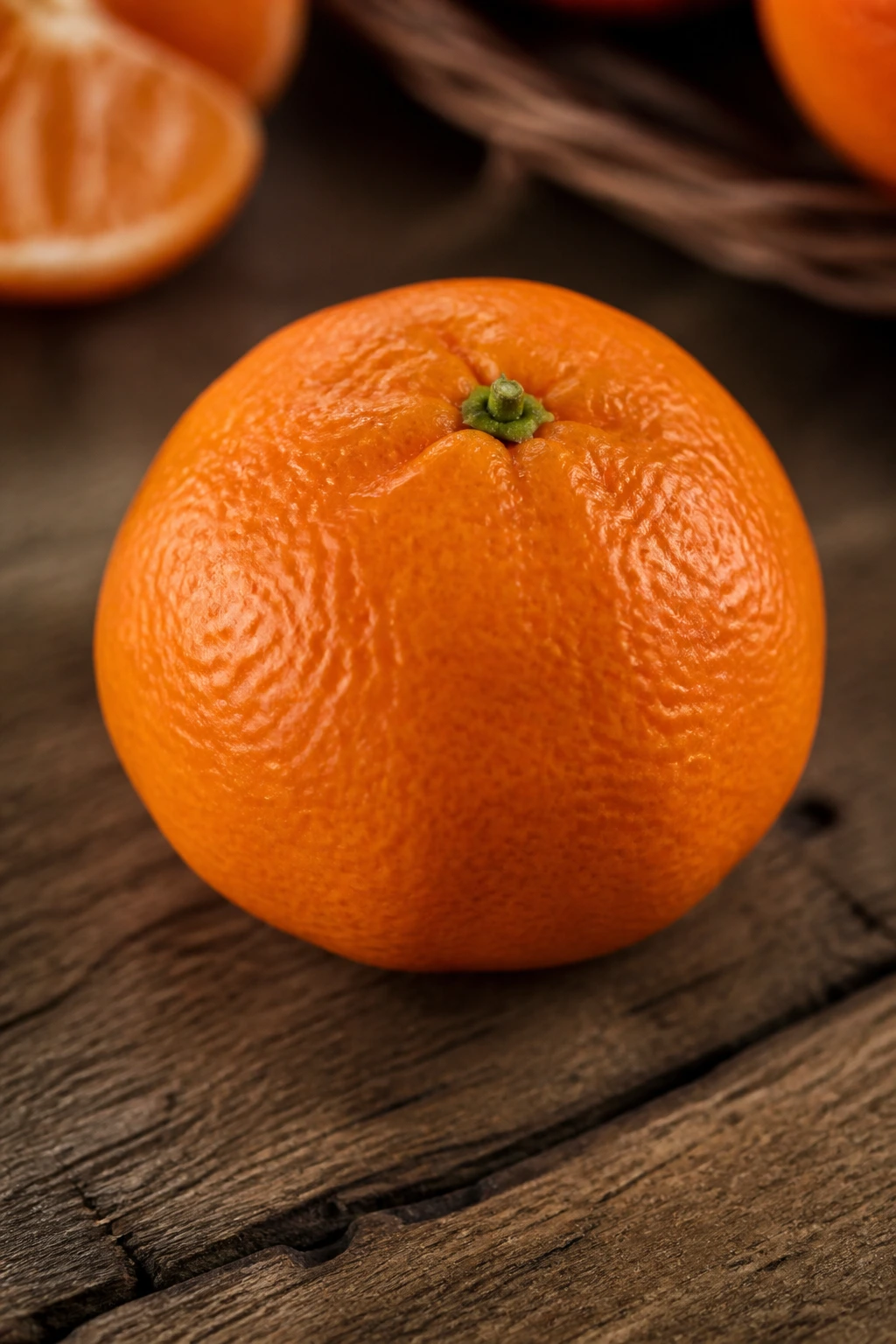 Close-up of a bright Clementine orange on a wooden surface