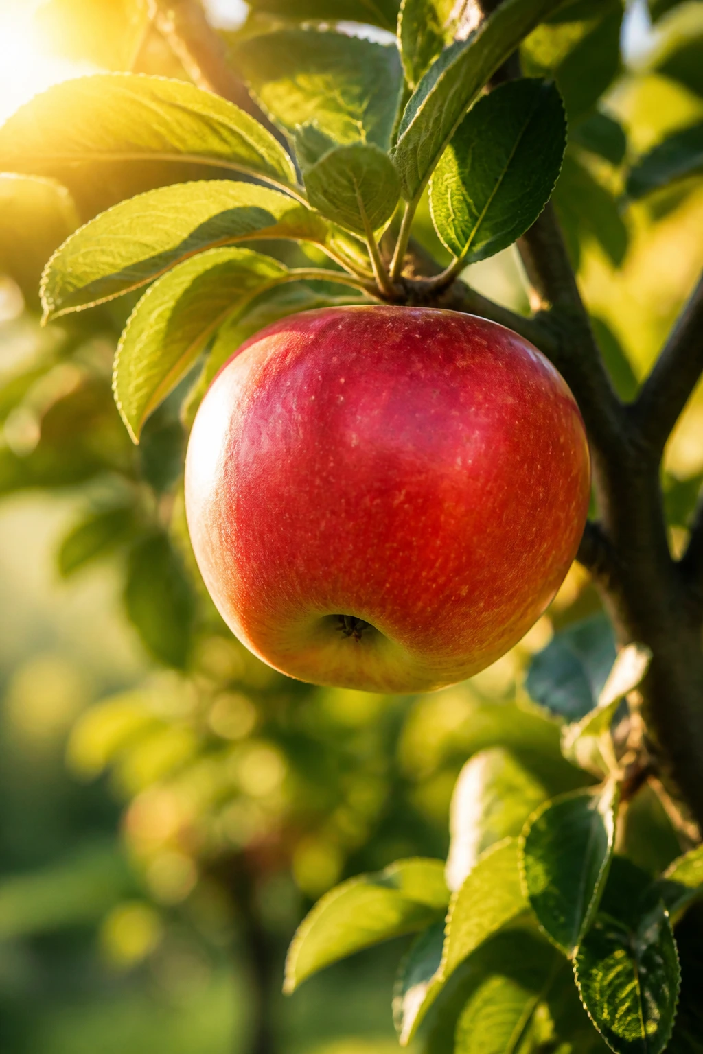 Where Does The Sweetness Of Fruit Come From? Find Out Now! 11 Close-up of a sunlit ripe apple on a branch illustrating climate impact on sweetness.