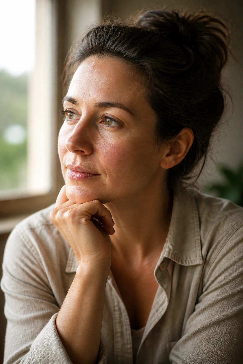 Close-up portrait of a thoughtful person in a cozy home setting reflecting on rabbit strawberry treats