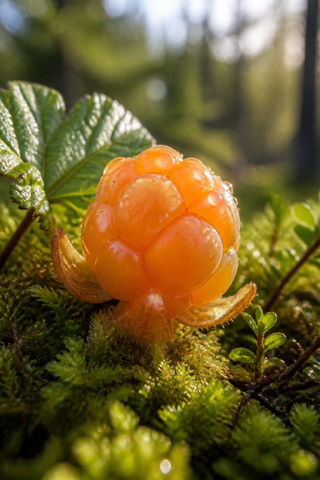 Close-up of a single orange cloudberry on moss in a forest