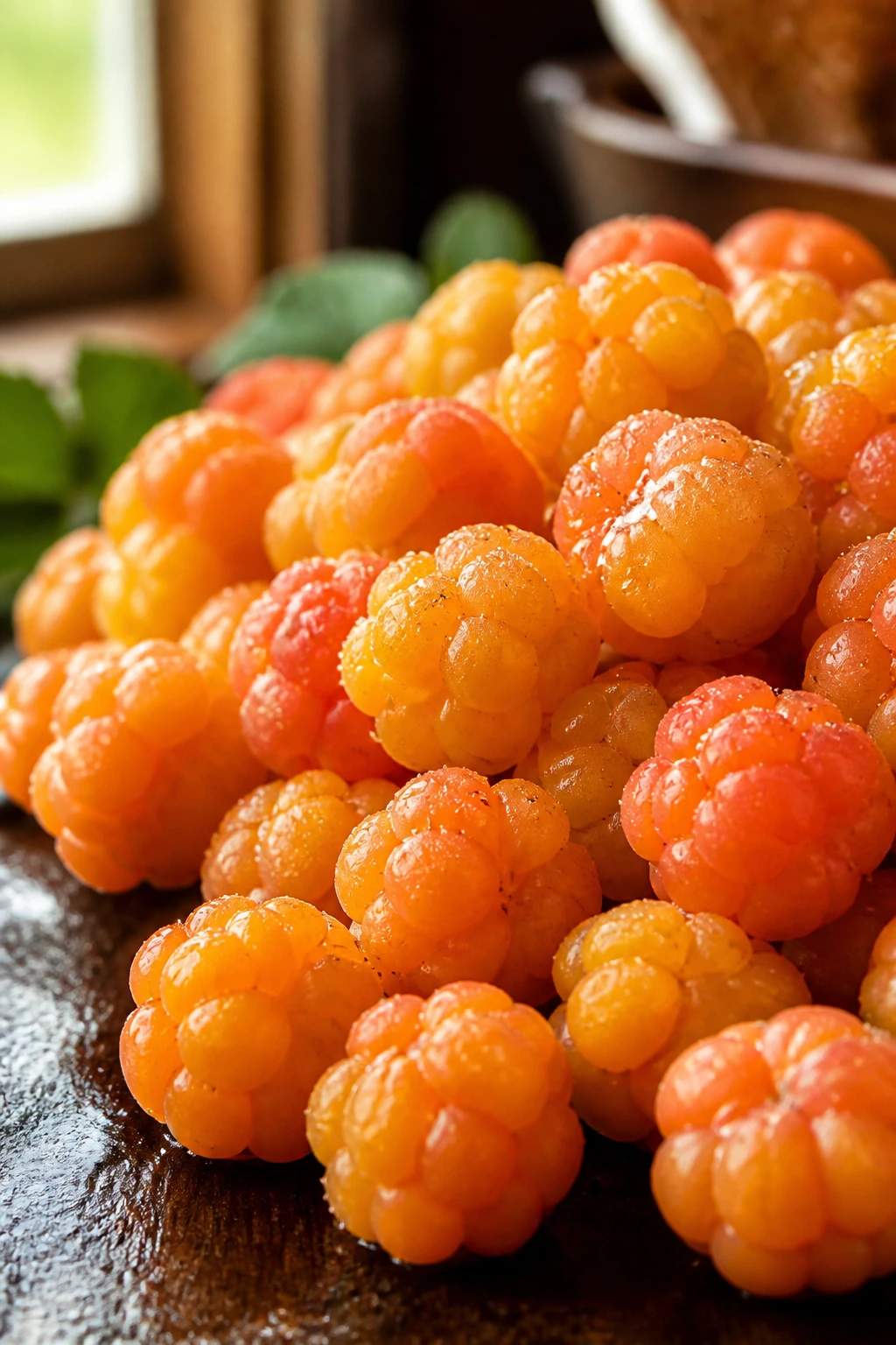 Cluster of cloudberries on a wooden surface in natural light